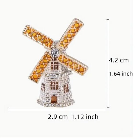 Enamel Windmill Brooch Pin With Rhinestones  Gold Tone - Picture 2 of 2